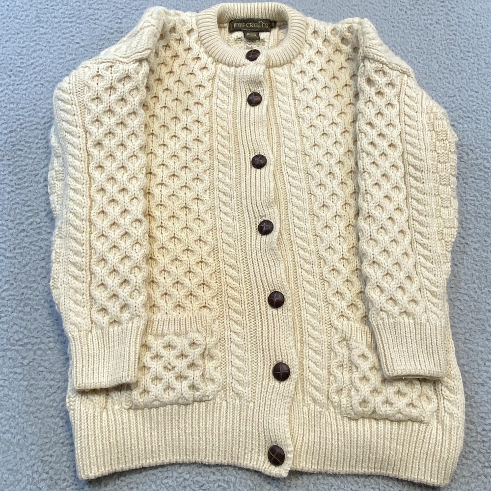 Inis Crafts‎ Sweater Womens Small Wool Aran Fisherman Cardigan Made in Ireland